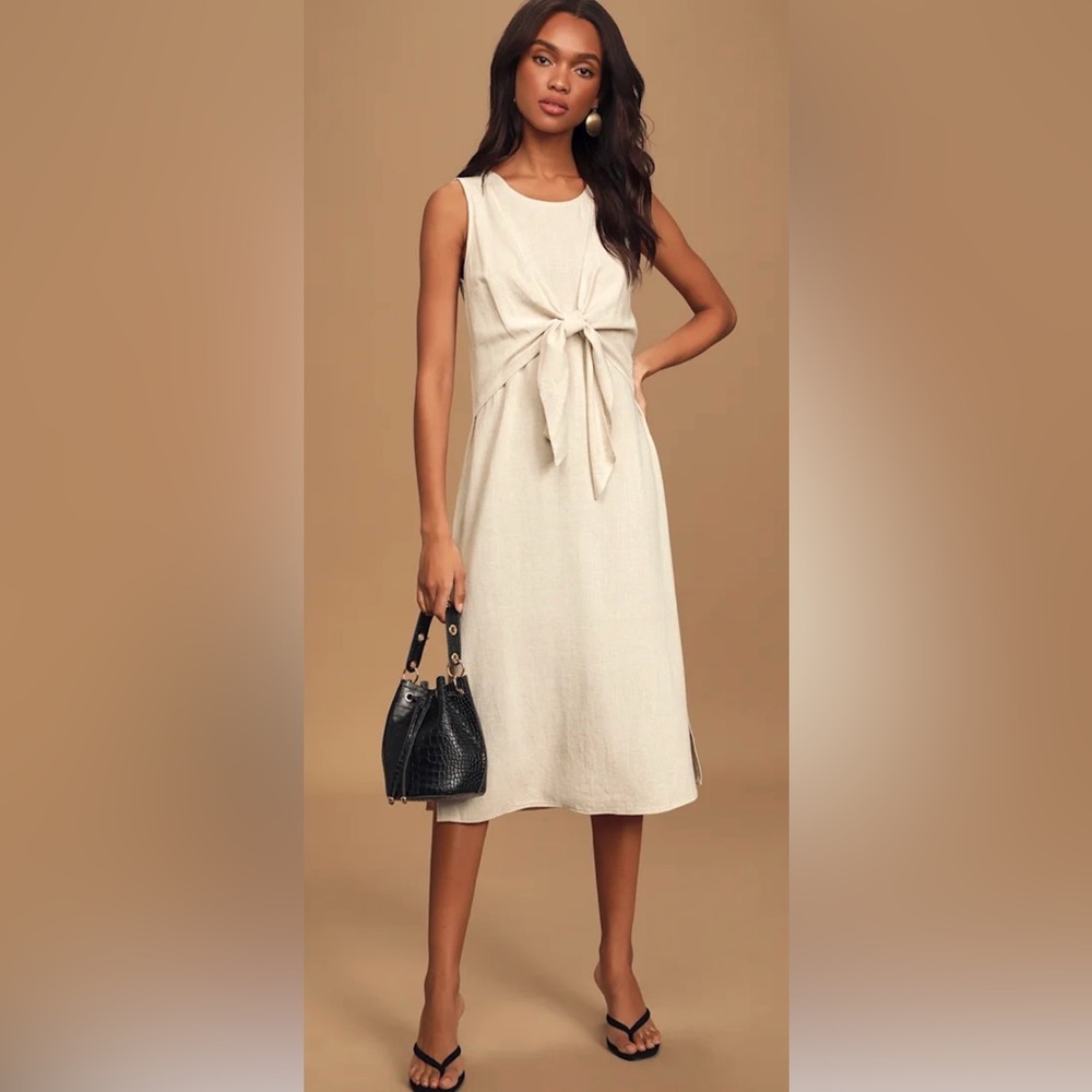 Lulu's Cream Midi Dress with Tie-Front linen blend size‎ Large